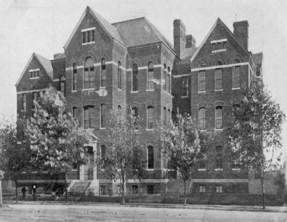 Historic black and white postcard of the M Street High School building
